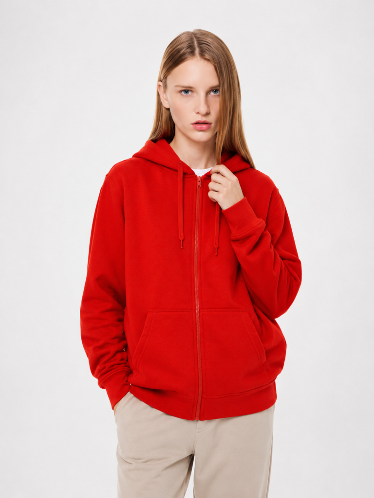 Detalle de puño rojo en polerón con cierre K8 Urban personalizable